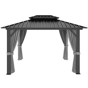 12 ft. x 10 ft. Double Galvanized Steel Roof Patio Hardtop Gazabo with Aluminum Frame, Ceiling Hook,Curtains and Netting