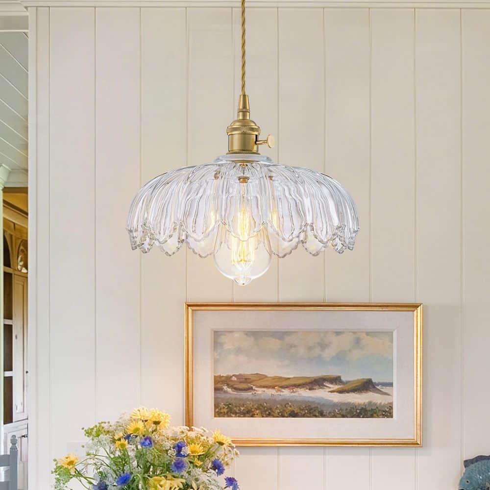 Elyndra Modern 10.24 in. 1-Light Brass Adjustable Kitchen Island Pendant Light with Clear Flower Glass Shade price history on PriceWatchPro