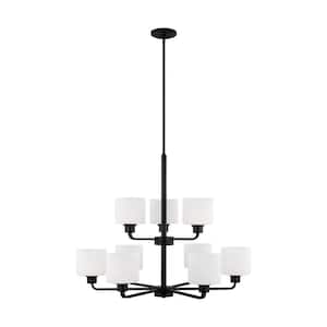 Canfield 9-Light Midnight Black Modern Minimalist Chandelier with Etched White Glass Shades