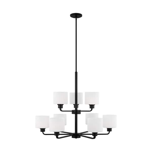 Generation Lighting Canfield 9-Light Midnight Black Chandelier with LED Bulbs and Etched White Glass Shades