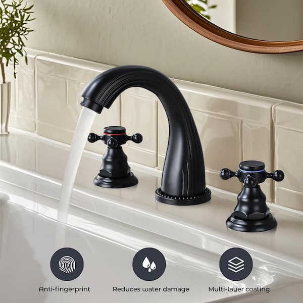 Double Handles 8 in. Widespread Bathroom Faucet 3-Hole Sink Faucet with Pop-Up Drain in Matte Black