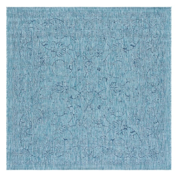 Courtyard Aqua/Navy 7 ft. x 7 ft. Border Floral Scroll Indoor/Outdoor Square Area Rug