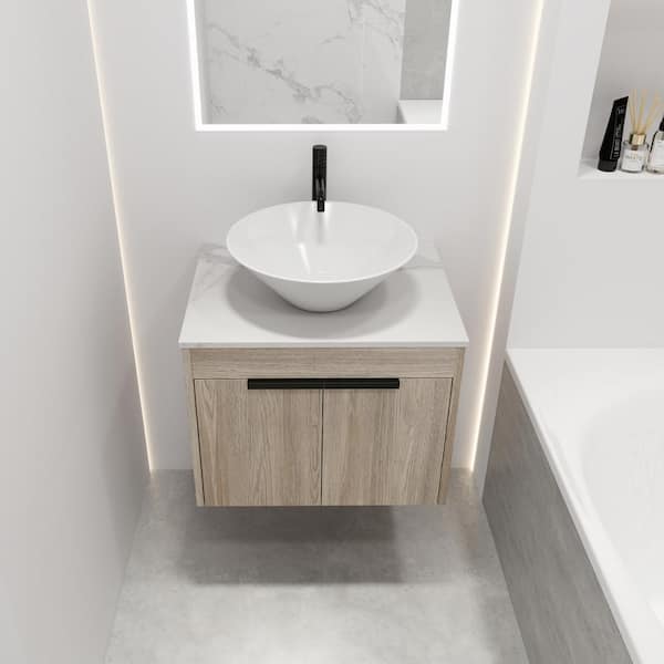 23.6 in. W x 18.9 in. D x 24 in. H Wall Mounted Bath Vanity in White Oak with Ceramic Top, Soft Close Door, Single Sink