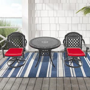 Isabella 3-Piece Cast Aluminum Patio Outdoor Dining Set with Round Dining Table, 2 Swivel Chairs and 2 Red Cushions