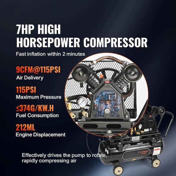 7 HP Gas Powered Air Compressor, 13.2 gal. Horizontal Air Compressor Tank, 9CFM@115PSI Gas Driven Piston Pump Air