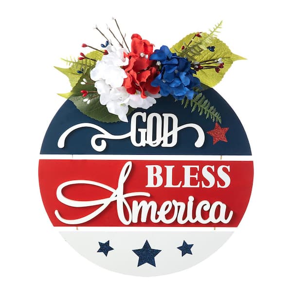 Glitzhome 14 in. D Patriotic/Americana Wooden Round Sign Door Hanger