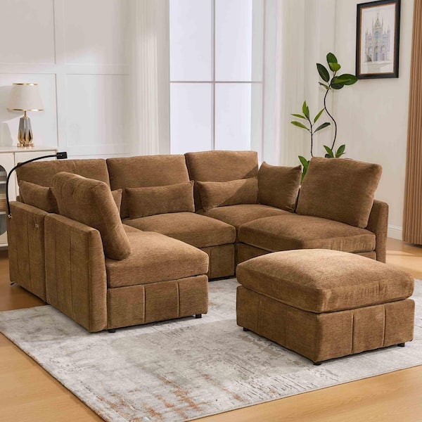 85.4 in. Round Arm Chenille Sectional Sofa with a Movable Ottoman and 2 USB Ports and a Phone Holder in Brown