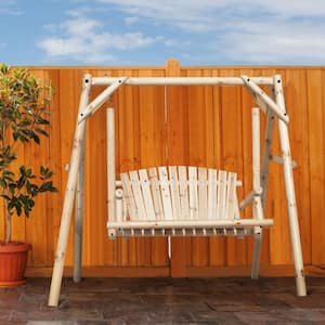 2-Person Wood Patio Swing With A-Shaped Stand and Adjustable Hooks, Brown