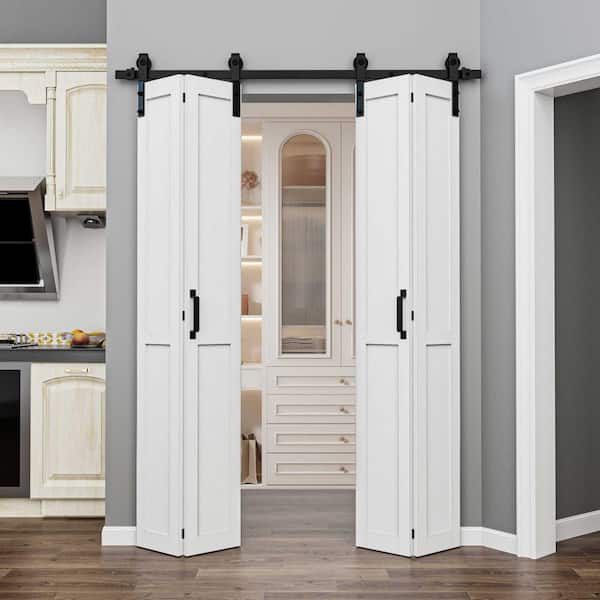50 in. x 84 in. Paneled White Primed H Shape MDF Pre-Drilled Easy Assembly Bifold Sliding Barn Door with Hardware Kit