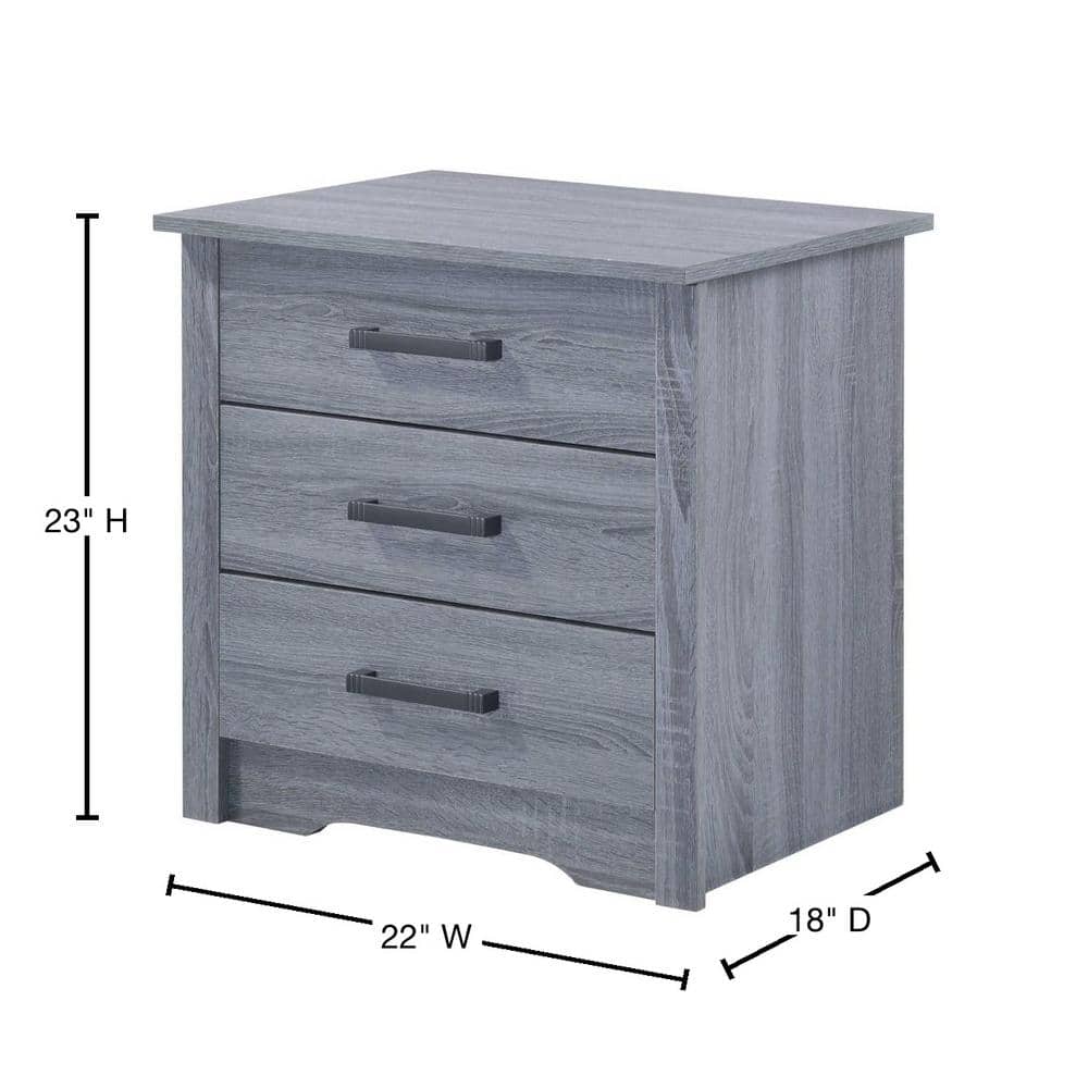 Hudson 3-Drawer Gray Nightstand with Metal Handles