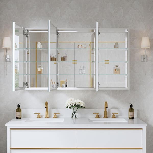 ROSA 52 in. W x 30 in. H Rectangular Aluminum Tri-View Medicine Cabinet with Mirror, Blum Hinge, Adjustable Shelves