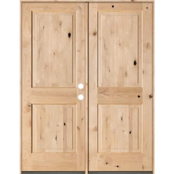 Krosswood Doors 64 in. x 80 in. Rustic Knotty Alder 2-Panel Square Top Unfinished Left-Hand Inswing Wood Double Prehung Front Door