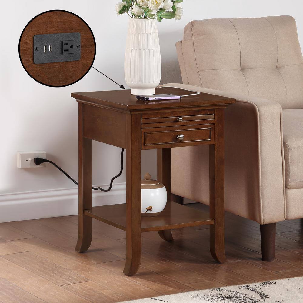 Espresso Wood End Table with Charging Station and Storage