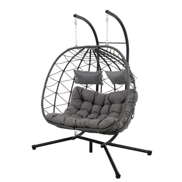 Outdoor Wicker Patio Swings 2 Persons Hanging Egg Chair with Cushions and Stand in Light Gray