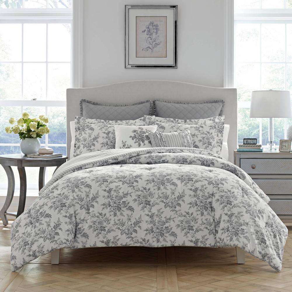 Laura Ashley Annalise 3-Piece Gray Floral Cotton King Comforter Set - 3