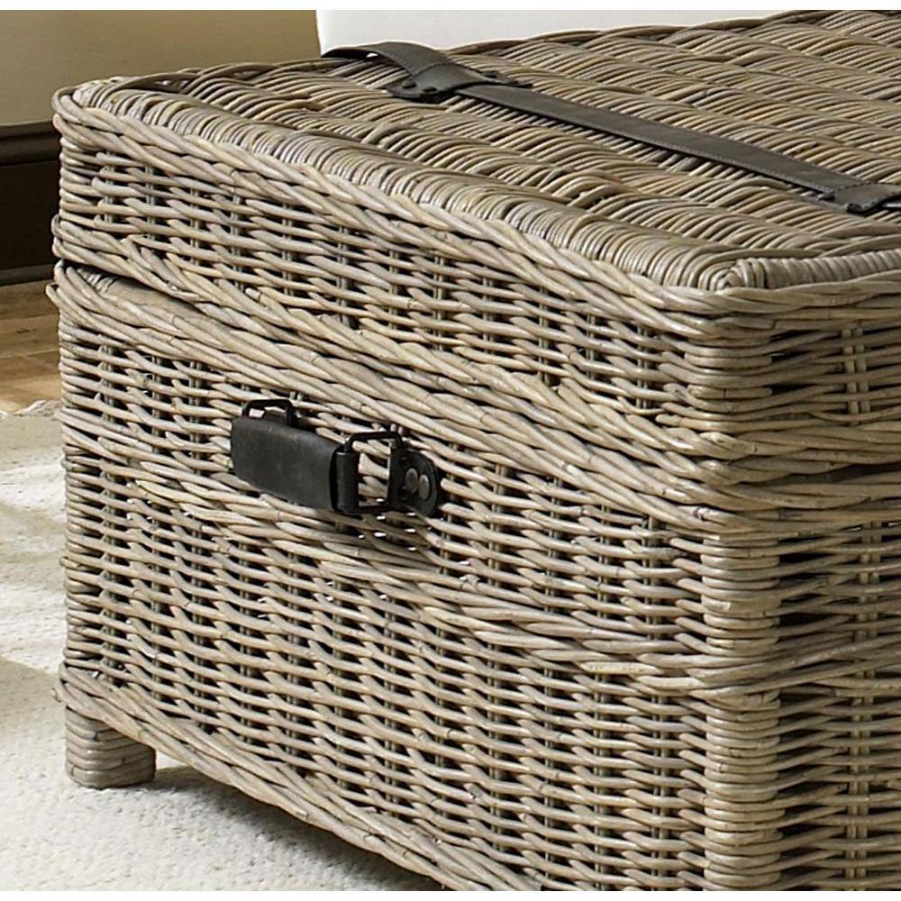 Gray Wicker Rectangular Coffee Table Trunk with Leather Accents