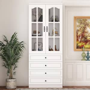 White Wood Accent Storage Cabinet With Glass Doors, Adjustable Shelves, Drawers (31.5 in. W x 15.7 in. D x 78.7 in. H)