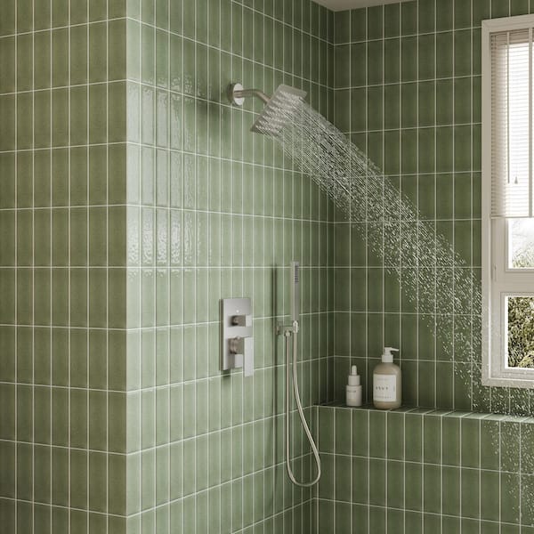 2-Spray Patterns Round 10 in. Wall Mount Dual Shower Heads with Handheld in Brushed Nickel
