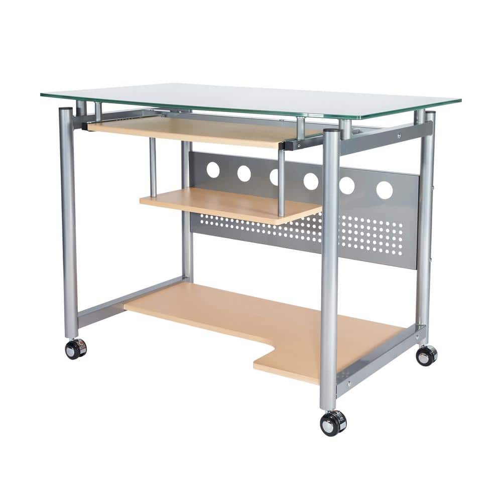 Frosted Glass and Silver Steel Rolling Computer Desk with Keyboard Tray