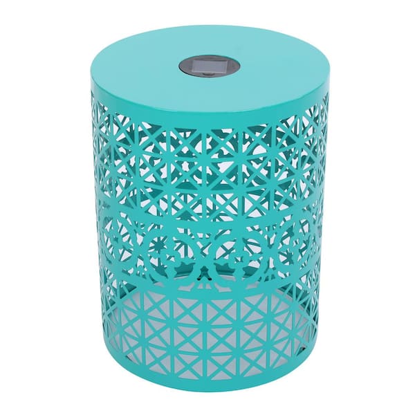 Unbranded Teal Color Round Metal Outdoor Side Table with Solar Powered Light for Garden Backyard Patio