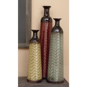 32 in., 27 in., 22 in. Multi Colored Tall Enameled Bottleneck Floor Metal Decorative Vase with Chevron Pattern (3-Set)