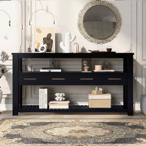 Polibi 62.2 in. Black Rectangle Wood Console Table with 4-Drawers and 2-Shelves