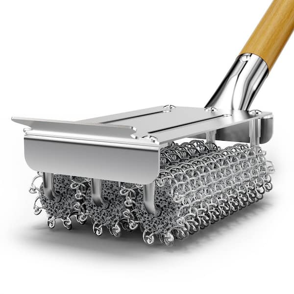 Stainless Steel Food-Grade Brush Head with Scraper, Safe BBQ Outdoor Grill Cleaning Brush,  Non Wire, Long Wood Handle