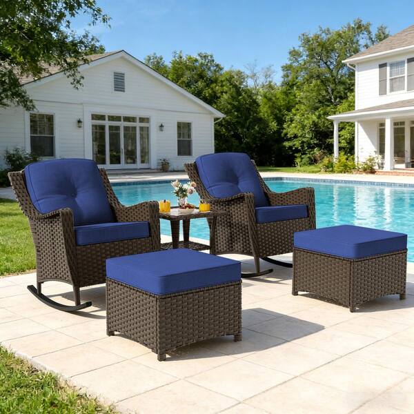5-Piece Wicker Patio Outdoor Rocking Chair Set with Blue Cushions