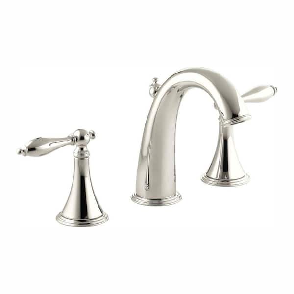 KOHLER Finial Traditional 8 in. Widespread 2-Handle High-Arc Bathroom Faucet in Polished Nickel with Lever Handles