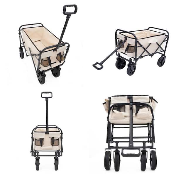9.74 cu. ft. Cream Fabric Expandable Garden Cart, Heavy Duty Folding Wagon Grocery Cart for Camping, Shopping, Fishing