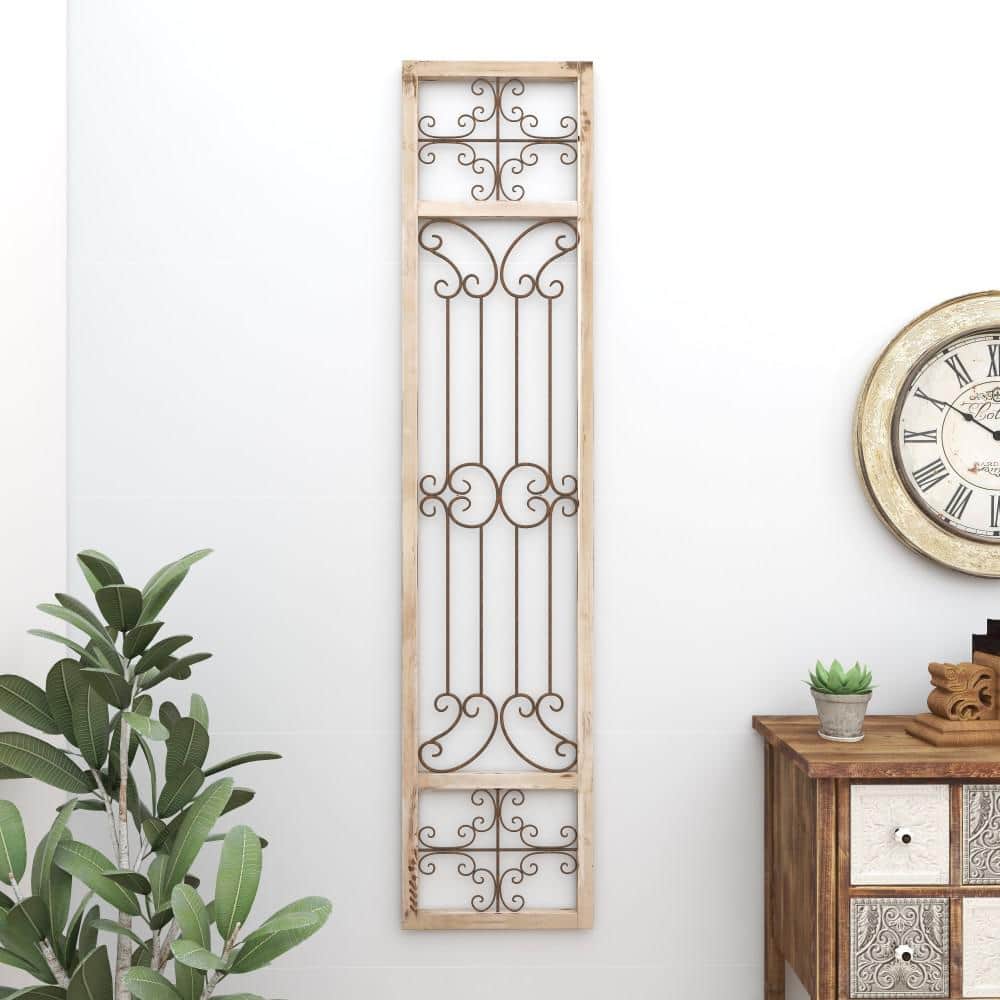 Cream Distressed Ornamental Panel Scroll Wall Sculpture with Bronze Metal Wire