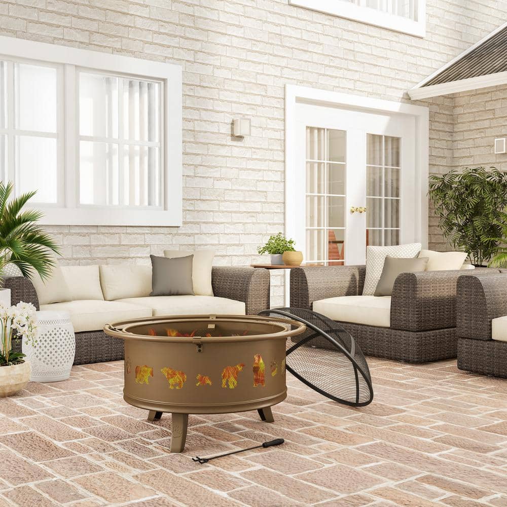 32-Inch Antique Gold Steel Wood Burning Fire Pit with Bear Cutouts