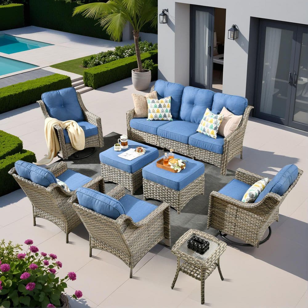 Cherry 8-Piece Wicker Outdoor Furniture Patio Conversation Sofa Seating Set with Swivel Chairs and Sky Blue Cushions price history on PriceWatchPro