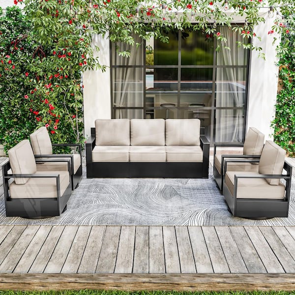 Black 5-Piece Metal Patio Conversation Set Swivel Outdoor Rocking Chair with Beige Cushions
