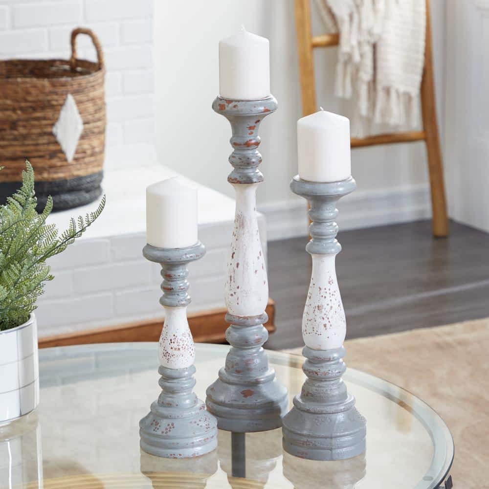 Gray and White Distressed Wood Pillar Candle Holders, Set of 3
