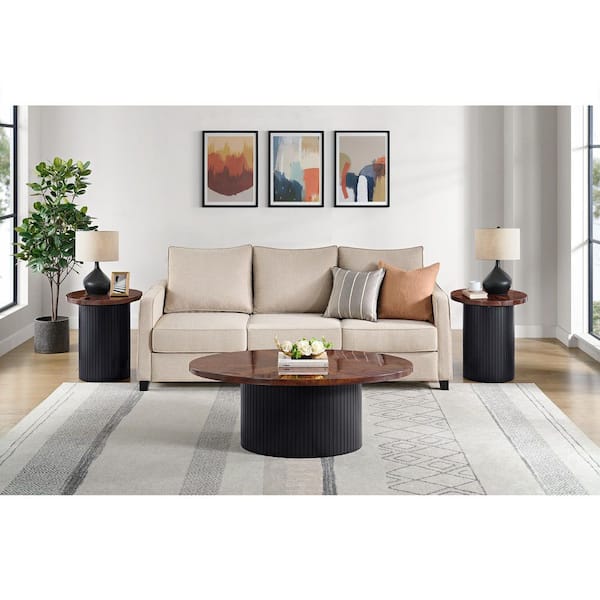Rosalind 22 in. Cherry and Black Round End Table with Faux-Marble Veneer Tabletop