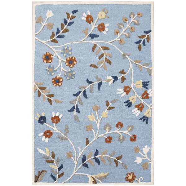 Ottomanson Agra Collection Floral Design 5 ft. x 8 ft. Indoor Handmade Wool Area Rug, 5 ft. x 7 ft. 6 in., Light Blue