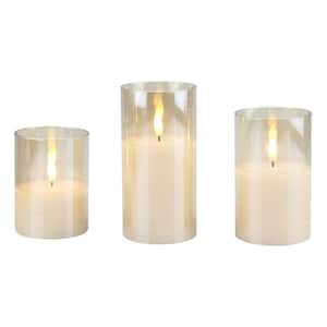 Assorted Size Real Wax Flameless LED Candles in Gold Glass Hurricane Candle Holders (Set of 3)