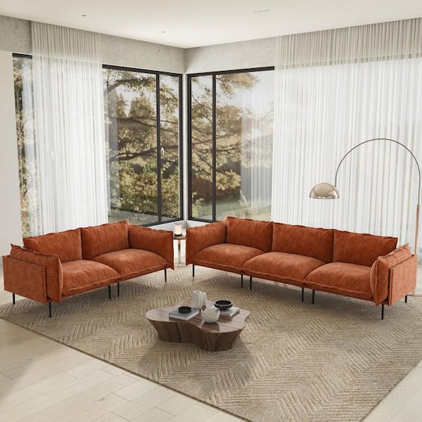 Robot Vacuum Friendly Sofa Set 111 in. 3-Seater and 75 in. Loveseat Tapered Arm Velvet Modular Sectional Sofa in Orange