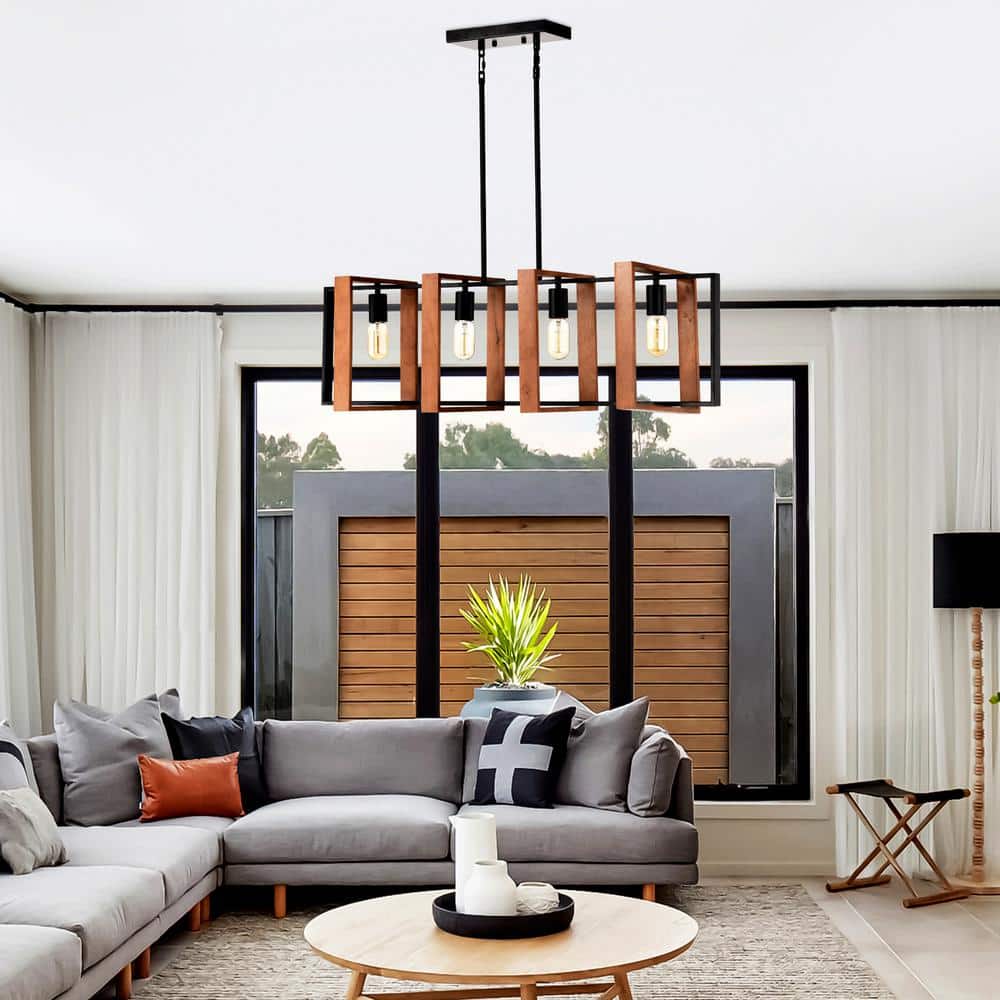 36" Matte Black and Rustic Wood Rectangular Island Chandelier