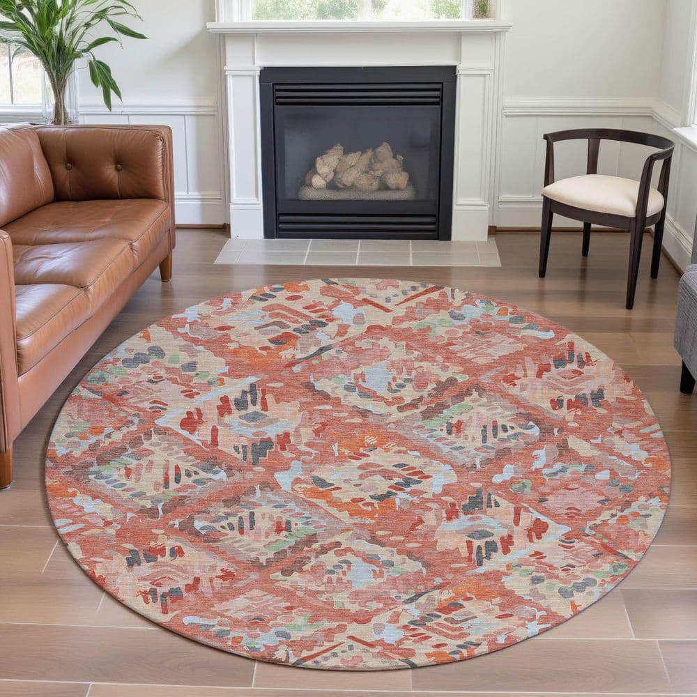 Mayfield Premium Machine Washable Abstract AMF1326 Coral 8 ft. x 8 ft. Round Rug price history on PriceWatchPro