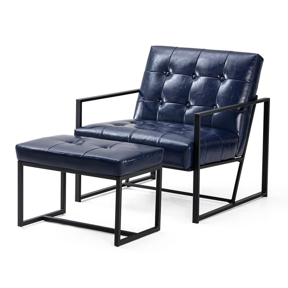 Modern Navy Blue Thick Leatherette Accent Chair and Accent Stool (Set of 2)