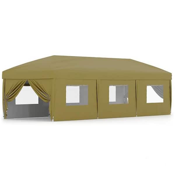 30 ft. x 10 ft. Instant Pop Up Canopy Tent Sun Shelter in Khaki with 8 Sidewalls & Portable Roller Bag