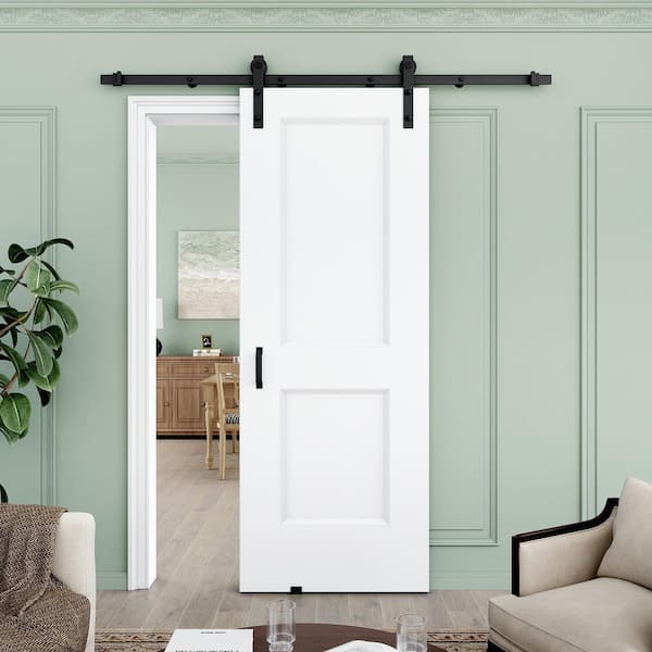 32 in. x 80 in. H Shape White Primed MDF Easy Install Sliding Barn Door with Hardware Kit Handle Included for Bathroom