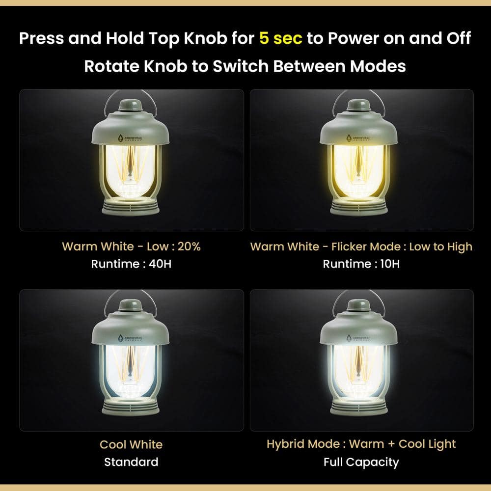 Army Green 6-Inch LED Camping Lantern with USB-C Charging