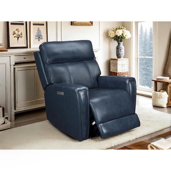 36 in. Dark Blue Genuine Leather Power Recliner with Power Headrest and USB/USB-C Ports