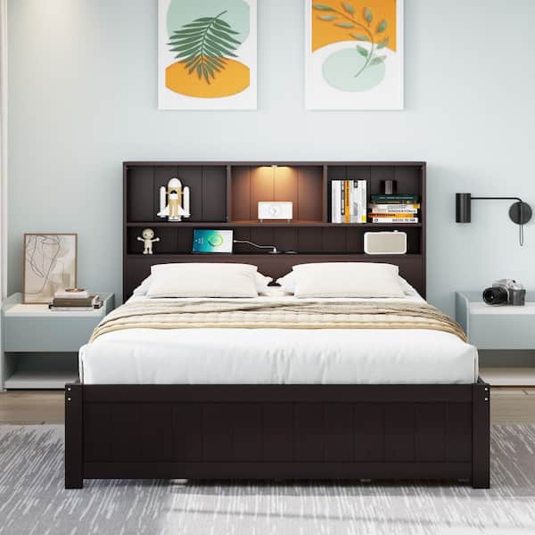 Blanche Brown Wood Frame Twin Platform Bed with Built-in Downlight, Charging Station, 2 Side Drawers, Expresso
