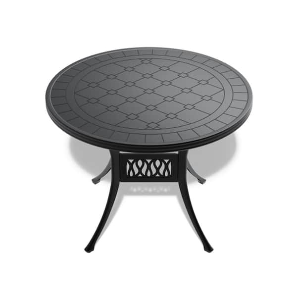 Misopily 39.37 in. Round Cast Aluminum Black Outdoor Patio Dining Table with Carved Texture on the Tabletop