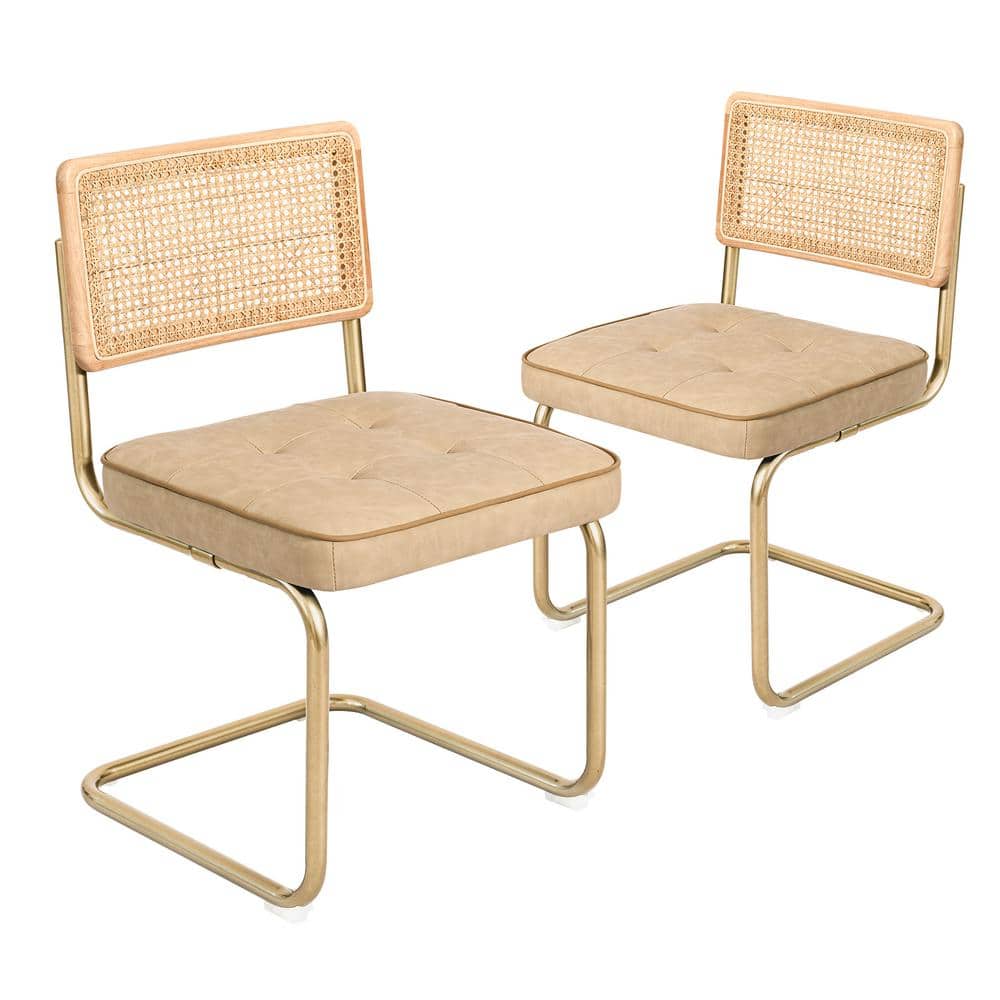 Mid-Century Modern, Natural Mesh Rattan Backrest, Upholstered Faux Leather 