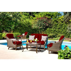 Ventura 4-Piece All-Weather Wicker Patio Seating Set with Crimson Red Cushions, 4-Pillows, Coffee Table